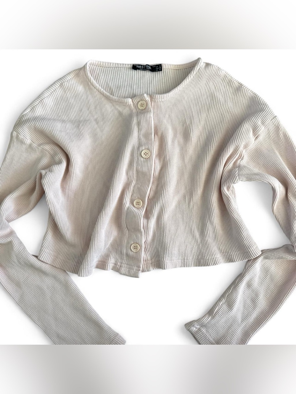 Nasty Gal light pink waffle knit Button-Front Crop Top